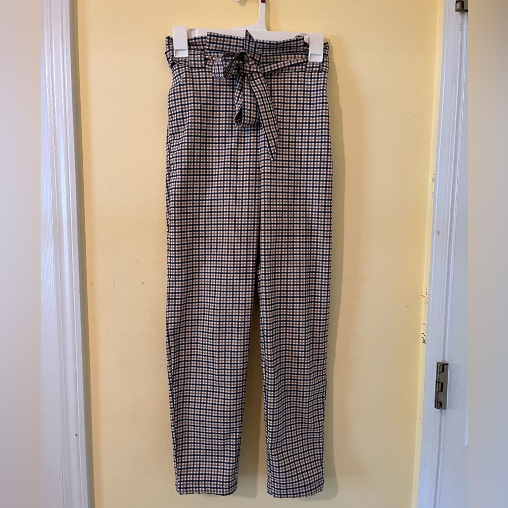 Navy Blue, Tan, and White Plaid Gingham Trousers
